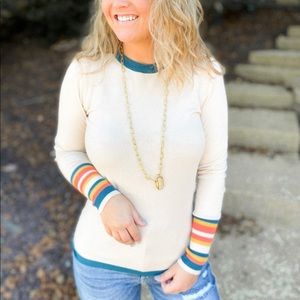 Tea n Rose Crew Neck Retro Stripe Sleeve Sweater